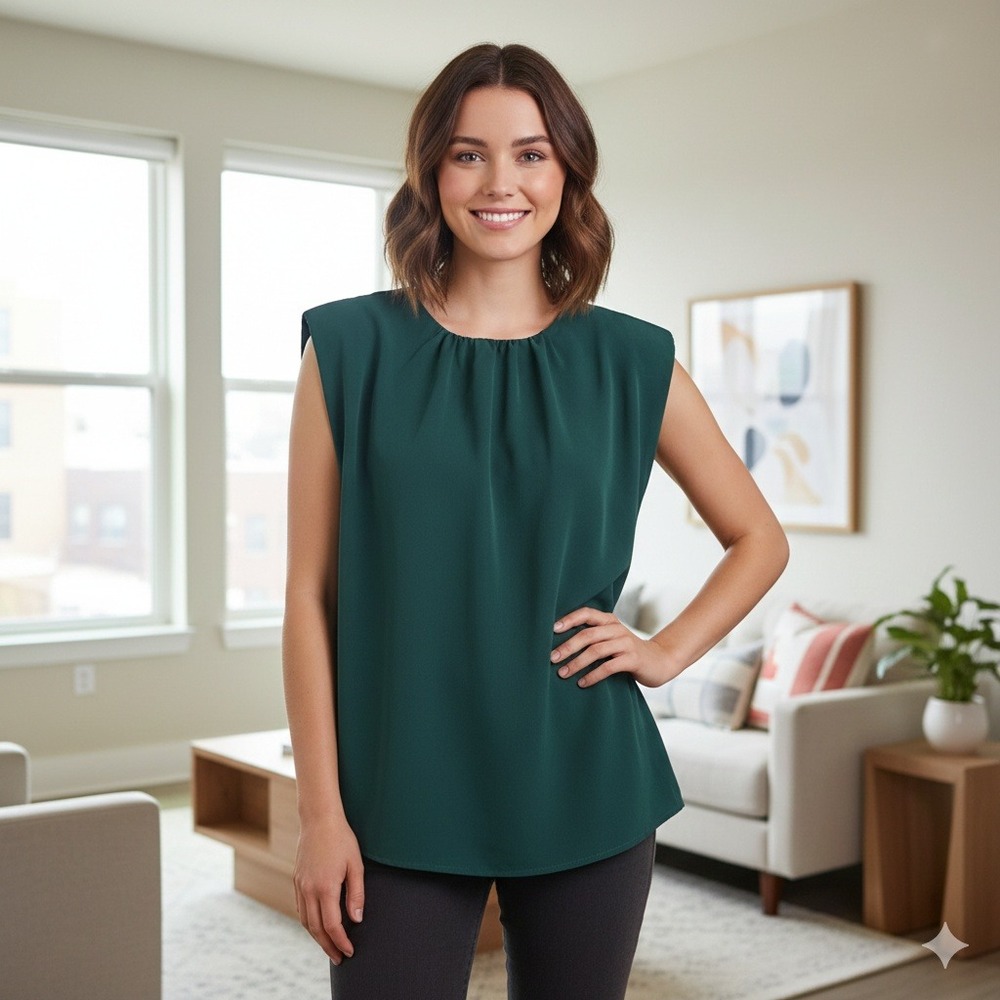 Express Emerald Green Cap Sleeve Gathered Neckline Top Size L